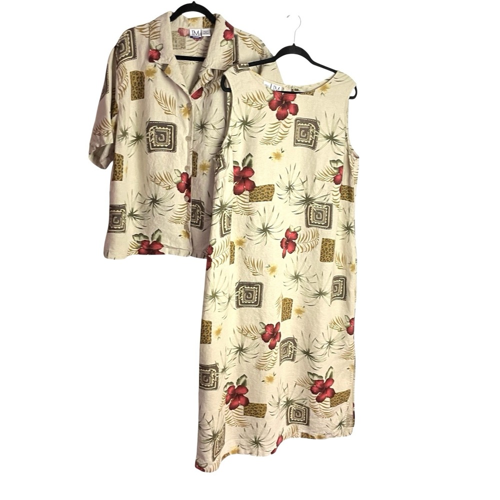 Vtg JM Collection Woman 100% Linen Dress Set Size 2X/3X Tan Tiki Tropical Beach